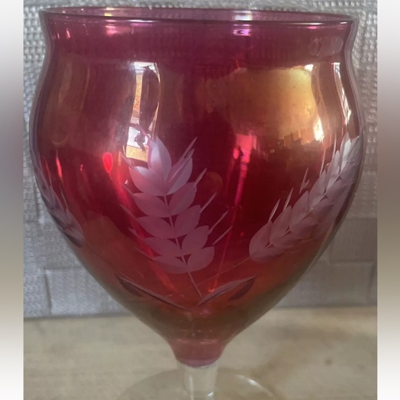 Vintage 6” Cranberry Frosted Glass Etched Wheat Wine Water Goblet - Picture 2 of 8